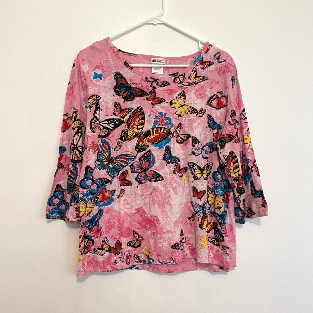 AMERICAN SWEETHEART Pink Black Butterfly Butterflies 3/4 Sleeve 100% Cotton Tee
